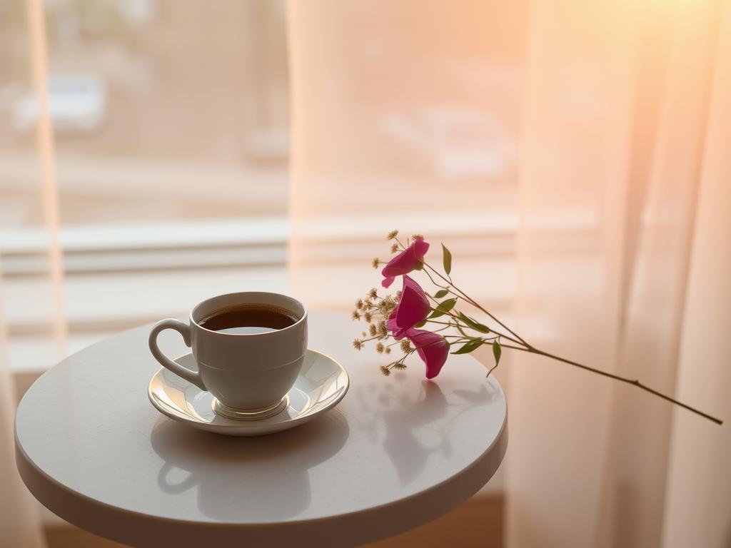 Morning cup of coffee on a round table with a small bouquet at dawn Побажання гарного дня